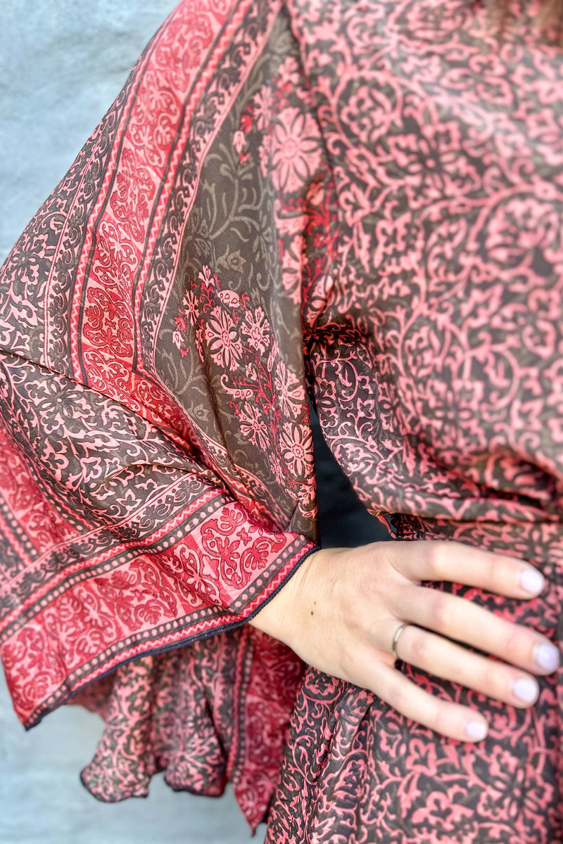 Upcycled Silk Sari Kimono In Dark Rose