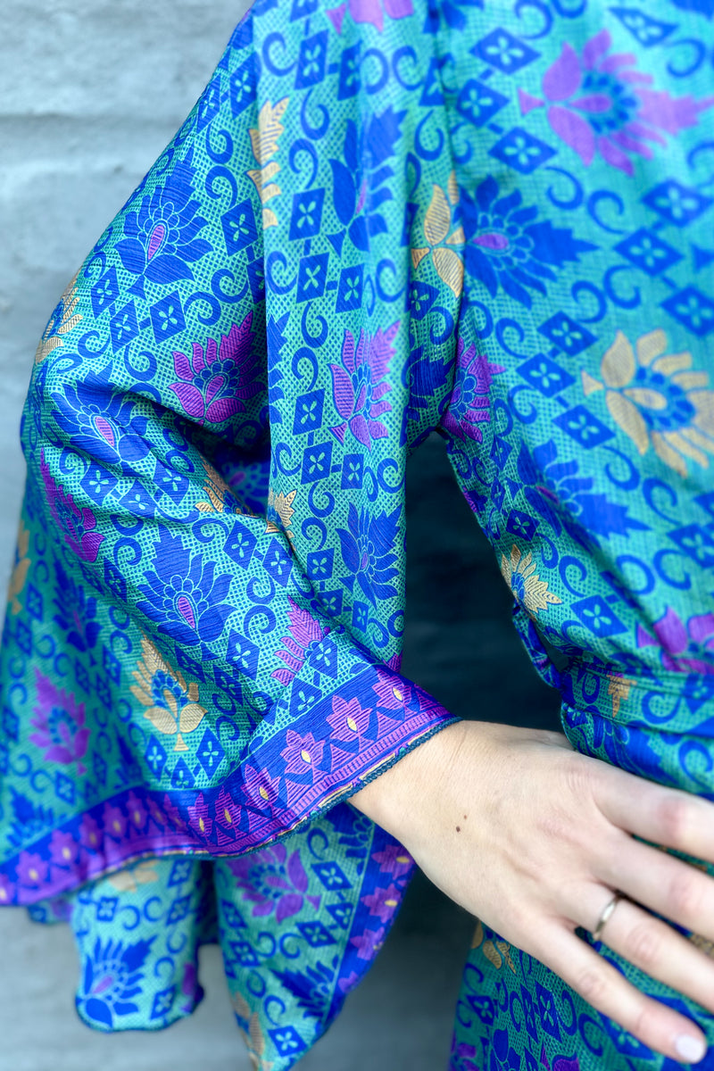 Upcycled Silk Sari Kimono In Blue Leaf