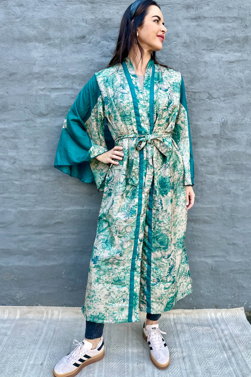 Upcycled Silk Sari Kimono In Teal Floral