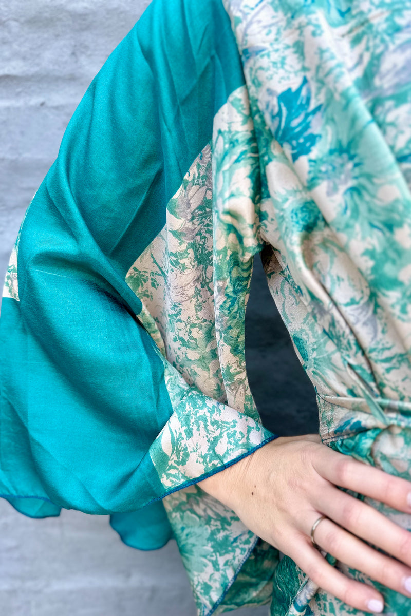 Upcycled Silk Sari Kimono In Teal Floral