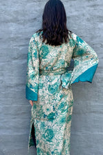 Upcycled Silk Sari Kimono In Teal Floral