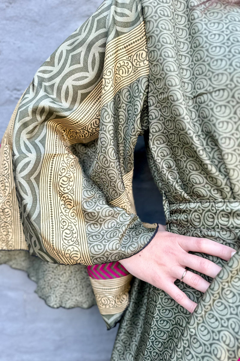 Upcycled Silk Sari Kimono In Golden Olive