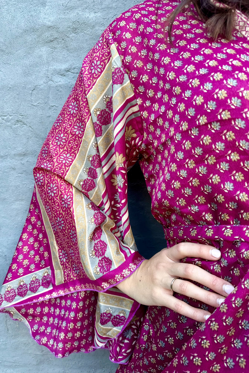 Upcycled Silk Sari Kimono In Magenta Magic