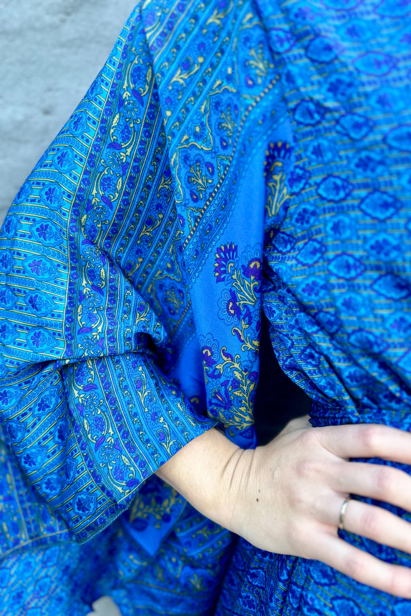 Upcycled Silk Sari Kimono In Bright Blue