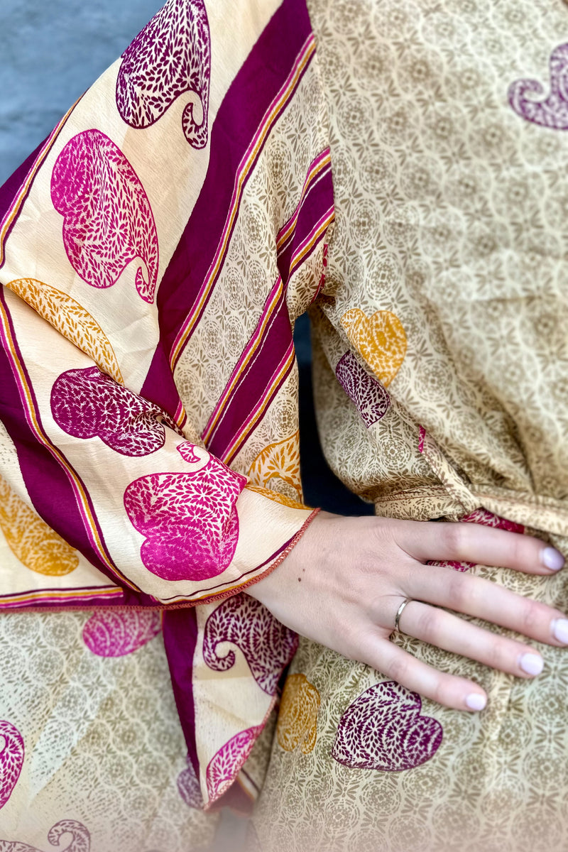 Upcycled Silk Sari Kimono In Golden Merlot