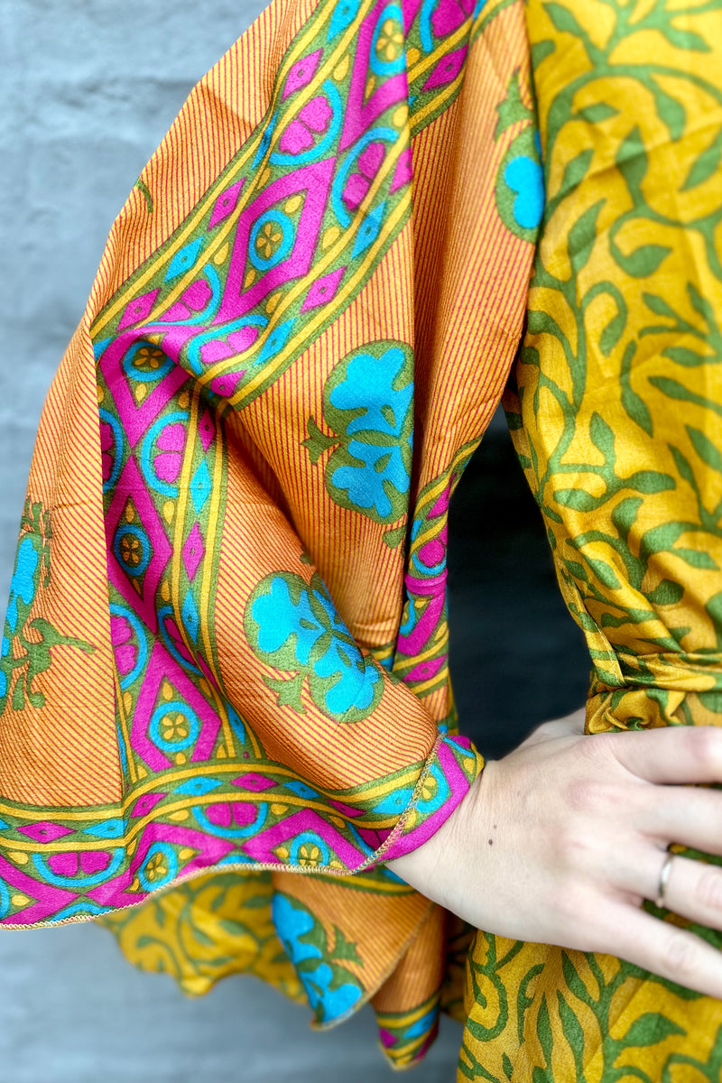 Upcycled Silk Sari Kimono In Orange Vine