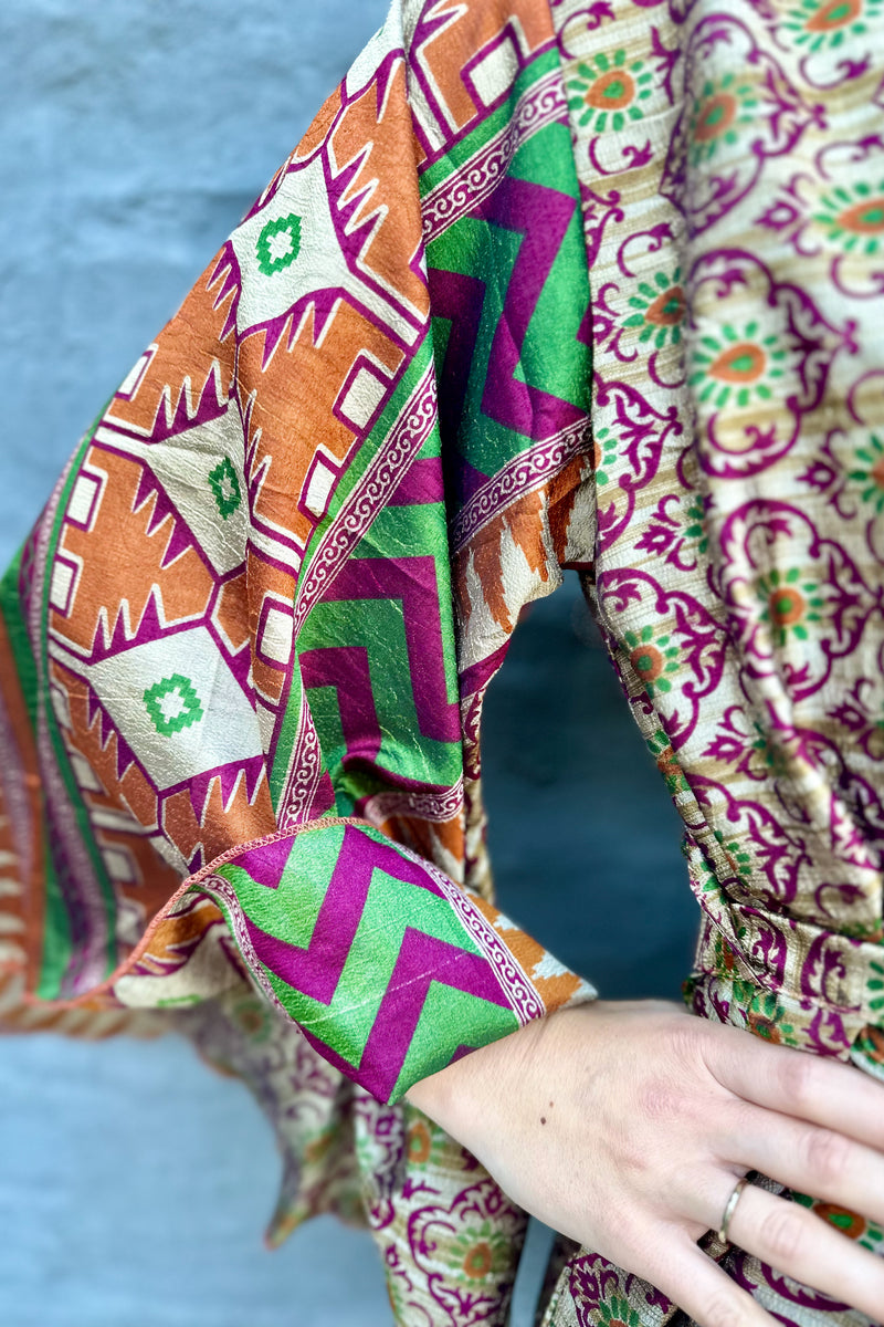 Upcycled Silk Sari Kimono In Purple Motif