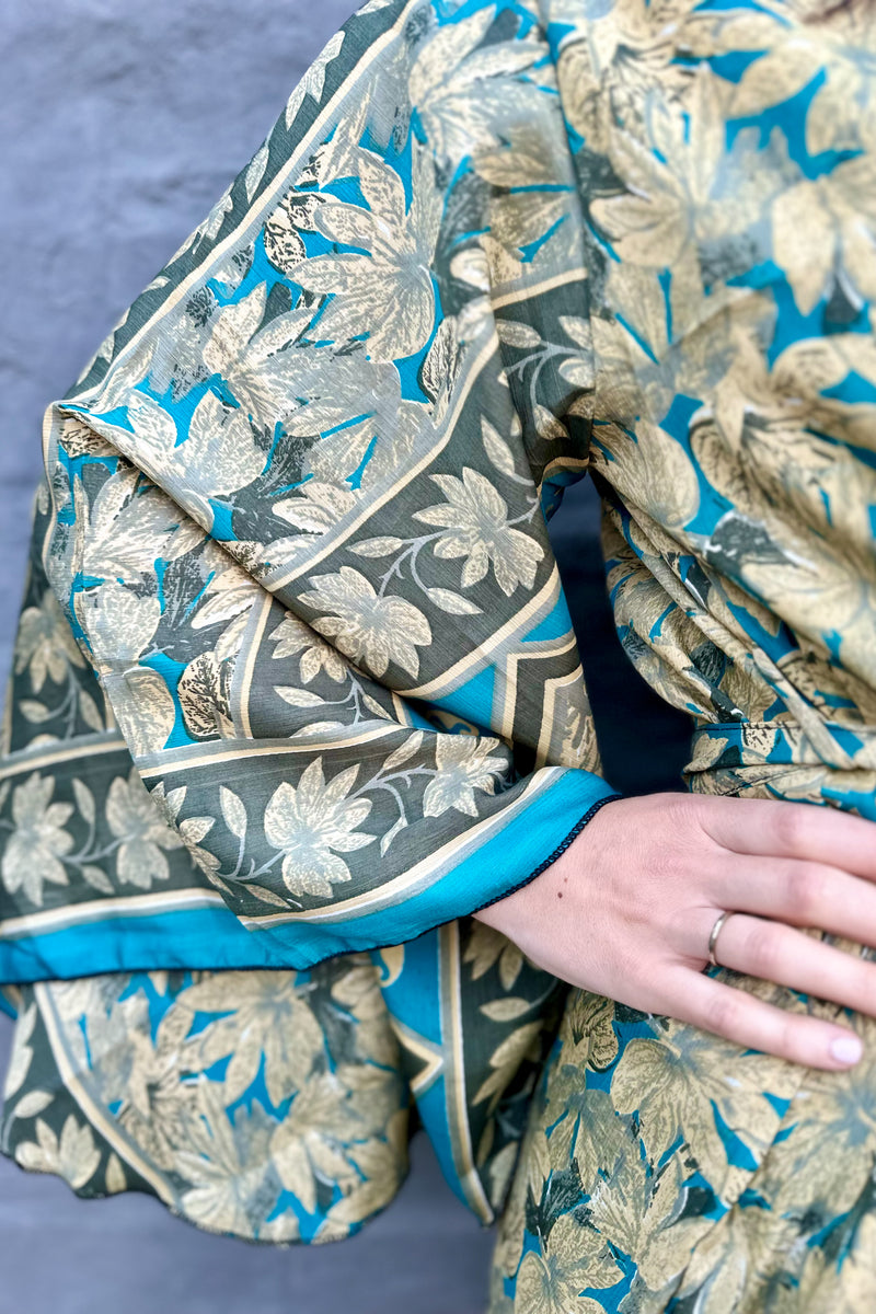 Upcycled Silk Sari Kimono In Grey & Teal Garden