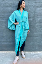 Upcycled Silk Sari Kimono In Turquoise Tundra