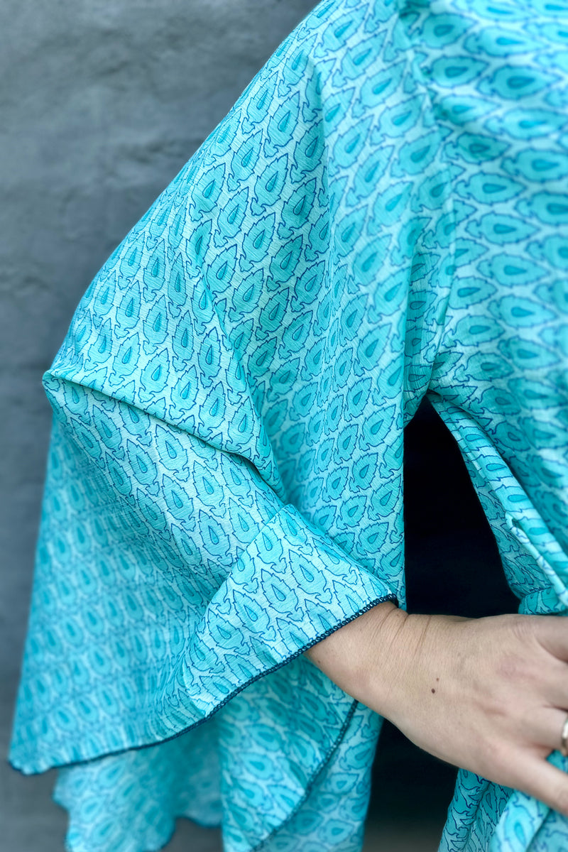 Upcycled Silk Sari Kimono In Turquoise Tundra