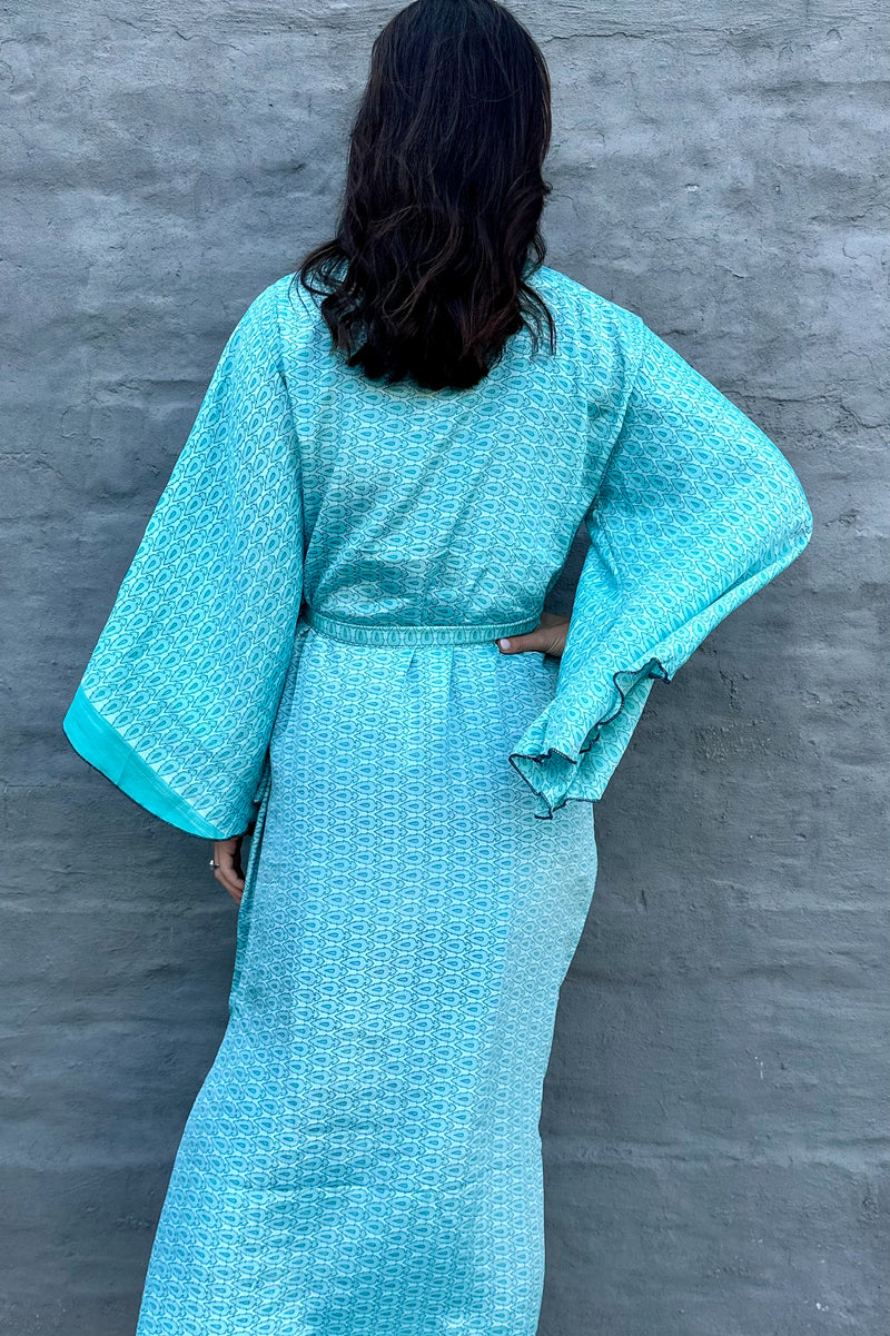 Upcycled Silk Sari Kimono In Turquoise Tundra