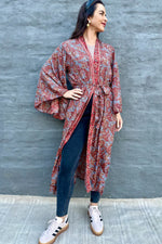 Upcycled Silk Sari Kimono In Ruby Sky