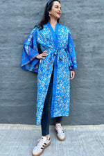 Upcycled Silk Sari Kimono In Cyan Floral