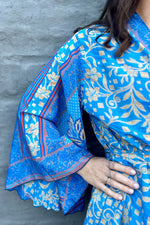 Upcycled Silk Sari Kimono In Cyan Floral