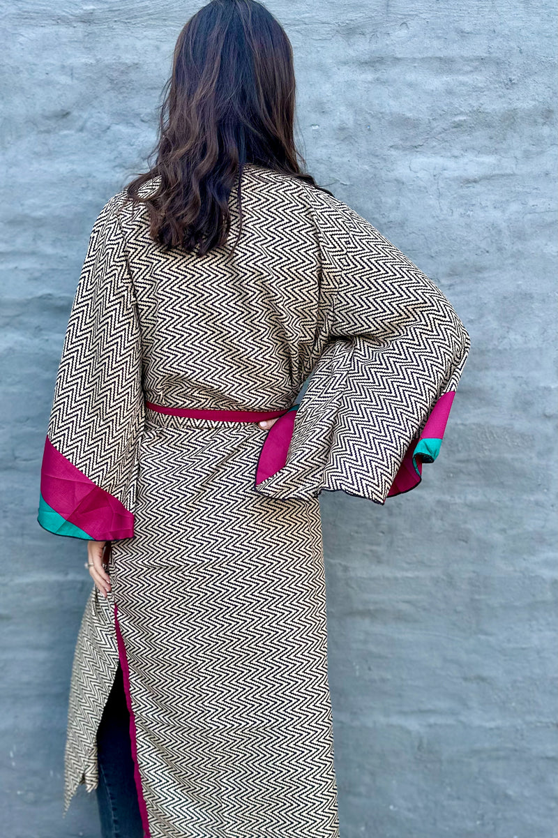 Upcycled Silk Sari Kimono In Winter Zig-Zag