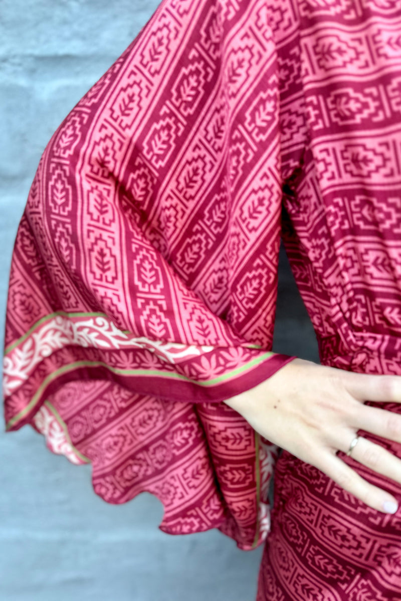 Upcycled Silk Sari Kimono In Burgundy Geometric