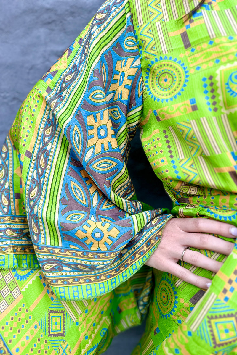 Upcycled Silk Sari Kimono In Lime Geometric