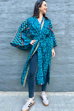 Upcycled Silk Sari Kimono In Navy & Teal Swirl