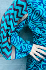 Upcycled Silk Sari Kimono In Navy & Teal Swirl