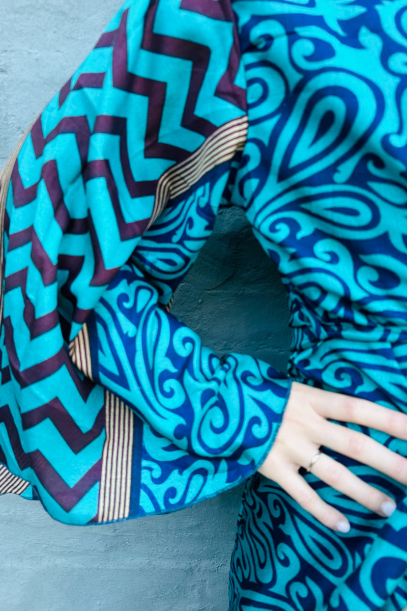 Upcycled Silk Sari Kimono In Navy & Teal Swirl