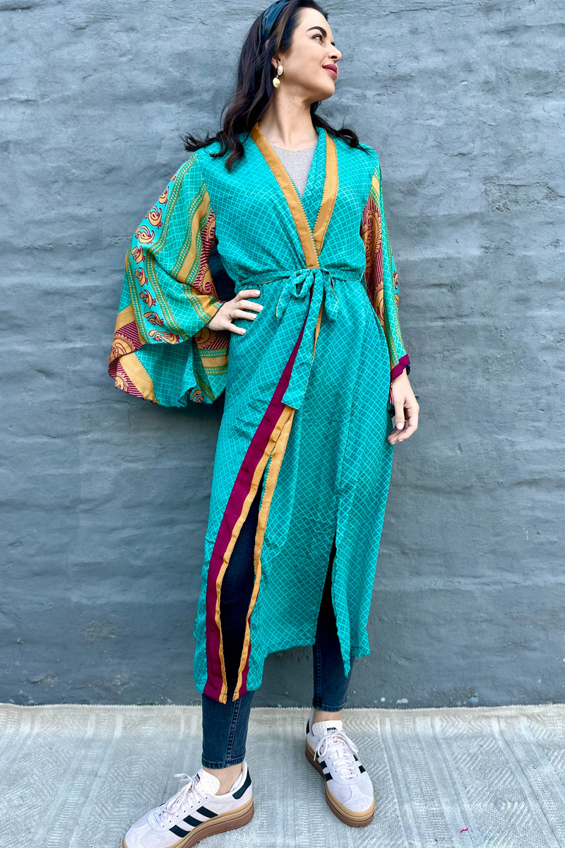 Upcycled Silk Sari Kimono In Jade Geometric