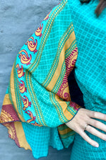 Upcycled Silk Sari Kimono In Jade Geometric