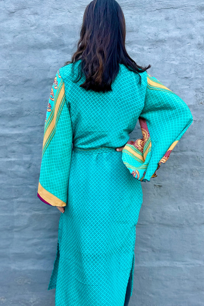 Upcycled Silk Sari Kimono In Jade Geometric