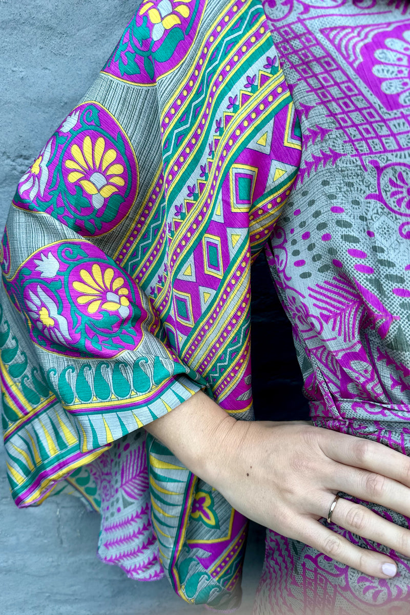 Upcycled Silk Sari Kimono In Silvery Cerise