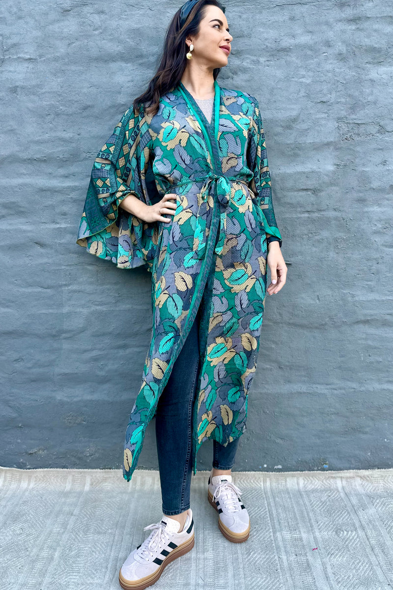 Upcycled Silk Sari Kimono In Teal & Grey Leaf