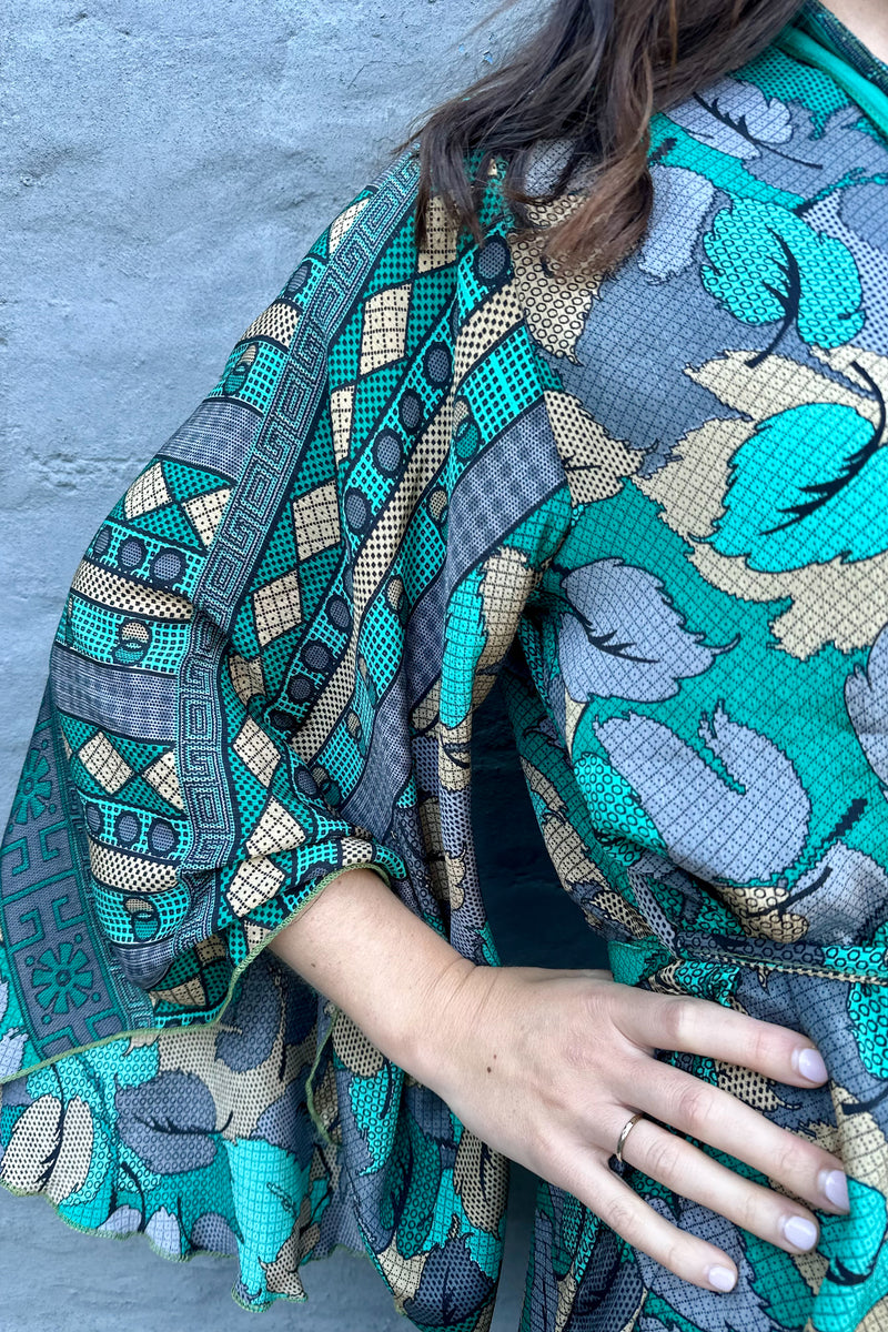 Upcycled Silk Sari Kimono In Teal & Grey Leaf