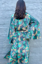 Upcycled Silk Sari Kimono In Teal & Grey Leaf