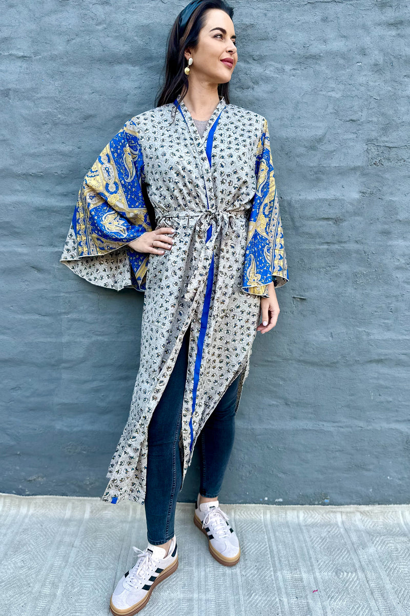 Upcycled Silk Sari Kimono In Sandy Blue Pansy