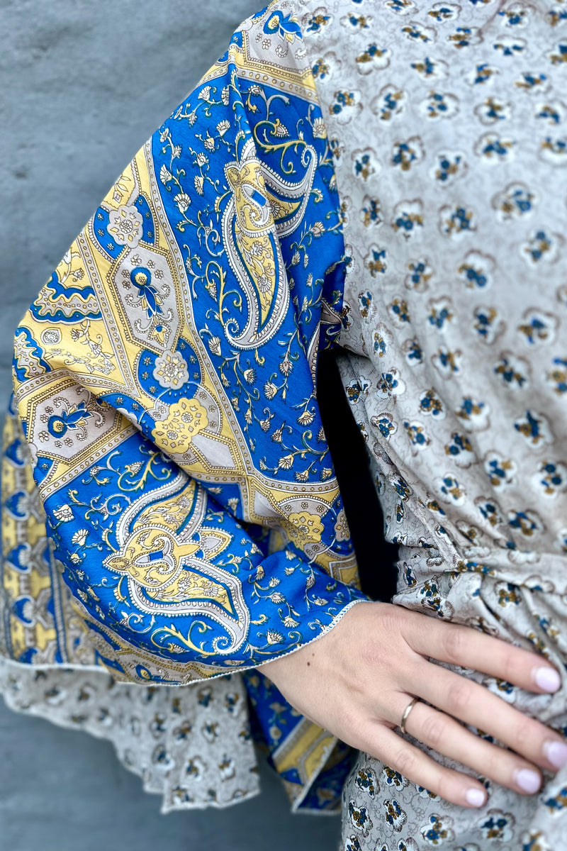 Upcycled Silk Sari Kimono In Sandy Blue Pansy