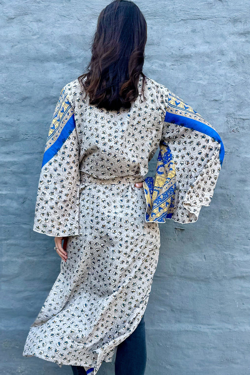 Upcycled Silk Sari Kimono In Sandy Blue Pansy