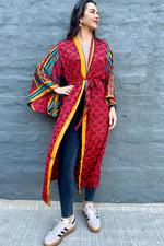 Upcycled Silk Sari Kimono In Red Leaf