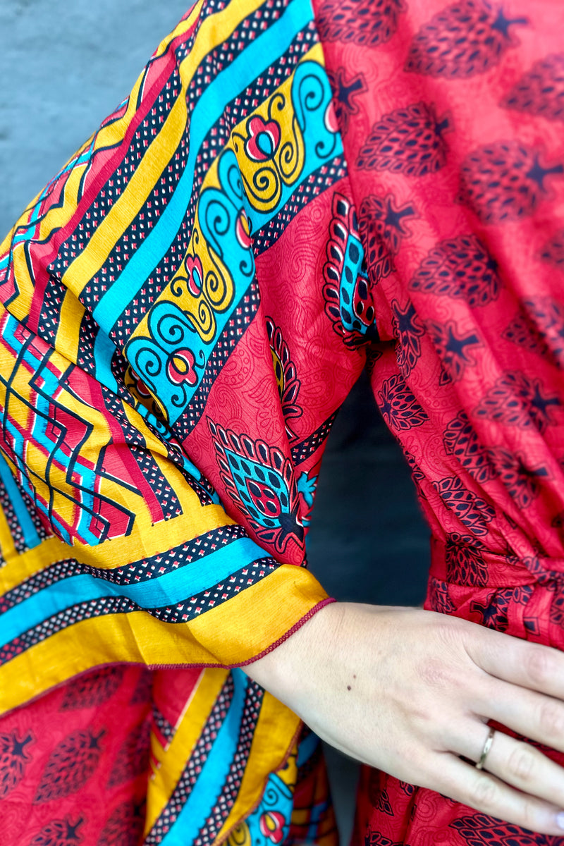 Upcycled Silk Sari Kimono In Red Leaf