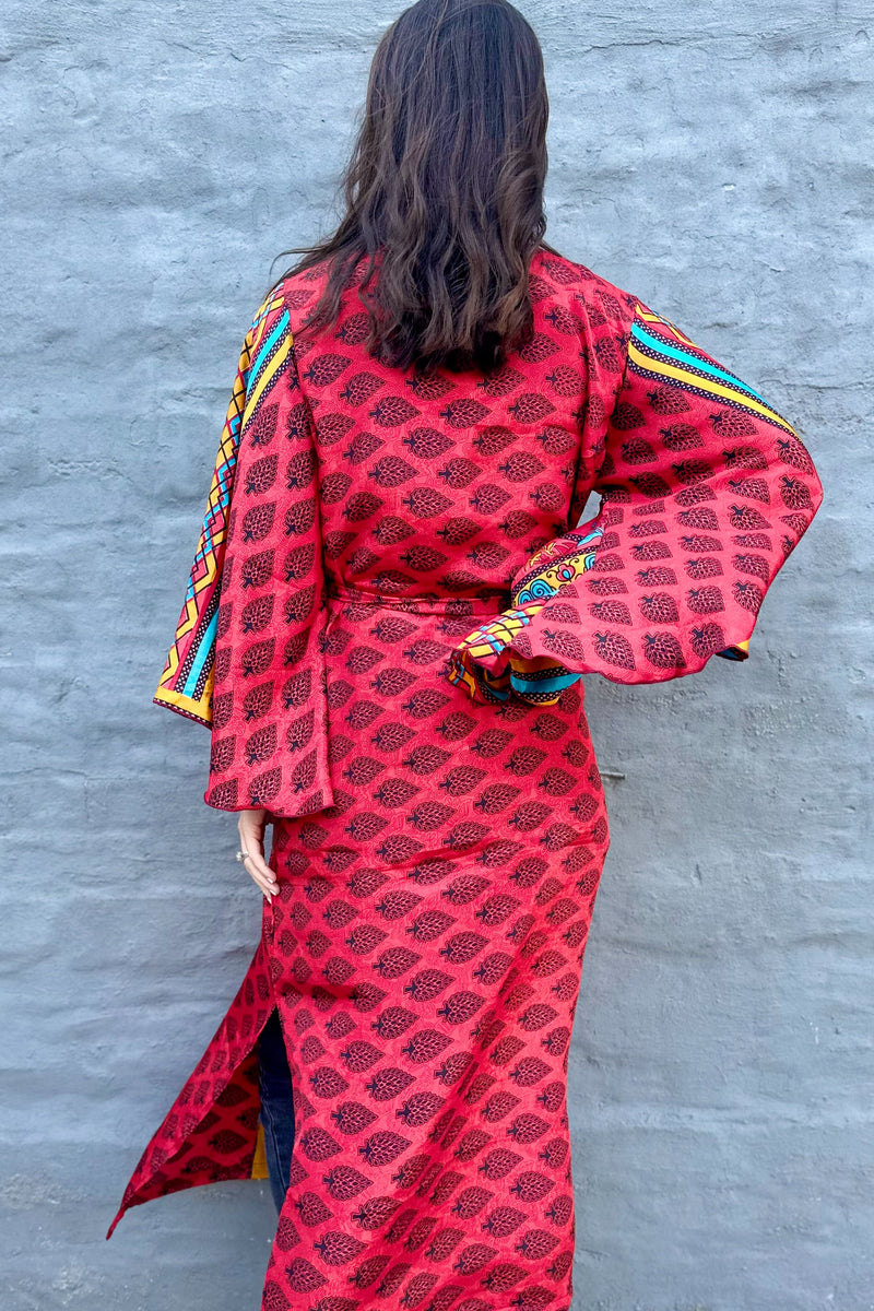 Upcycled Silk Sari Kimono In Red Leaf