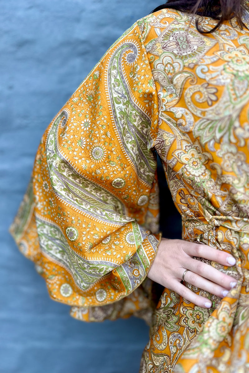 Upcycled Silk Sari Kimono In Golden Paisley