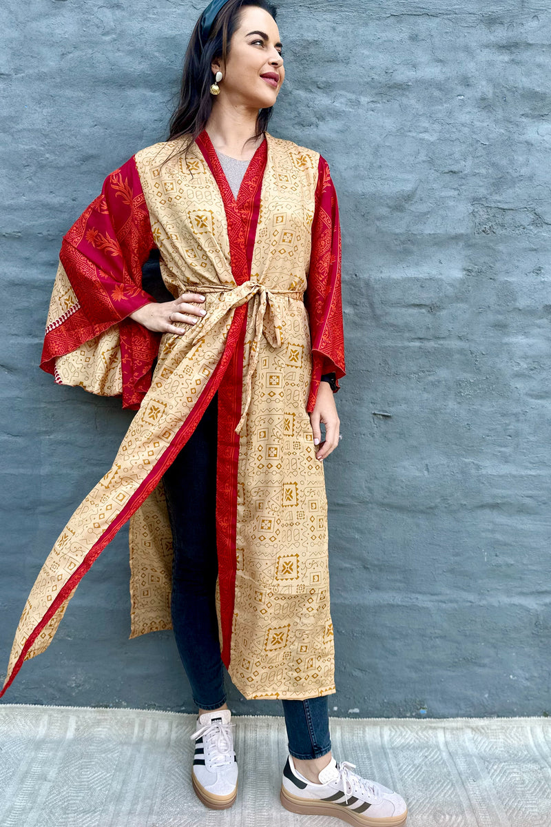 Upcycled Silk Sari Kimono In Golden Geometric