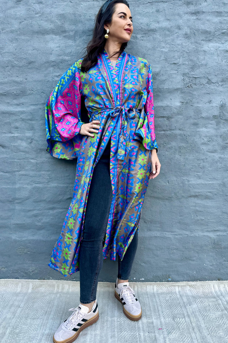 Upcycled Silk Sari Kimono In Cyan & Lime Ikat