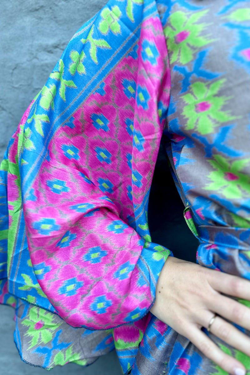 Upcycled Silk Sari Kimono In Cyan & Lime Ikat