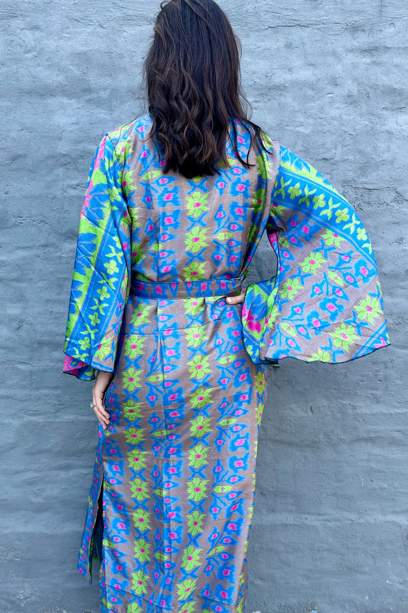 Upcycled Silk Sari Kimono In Cyan & Lime Ikat