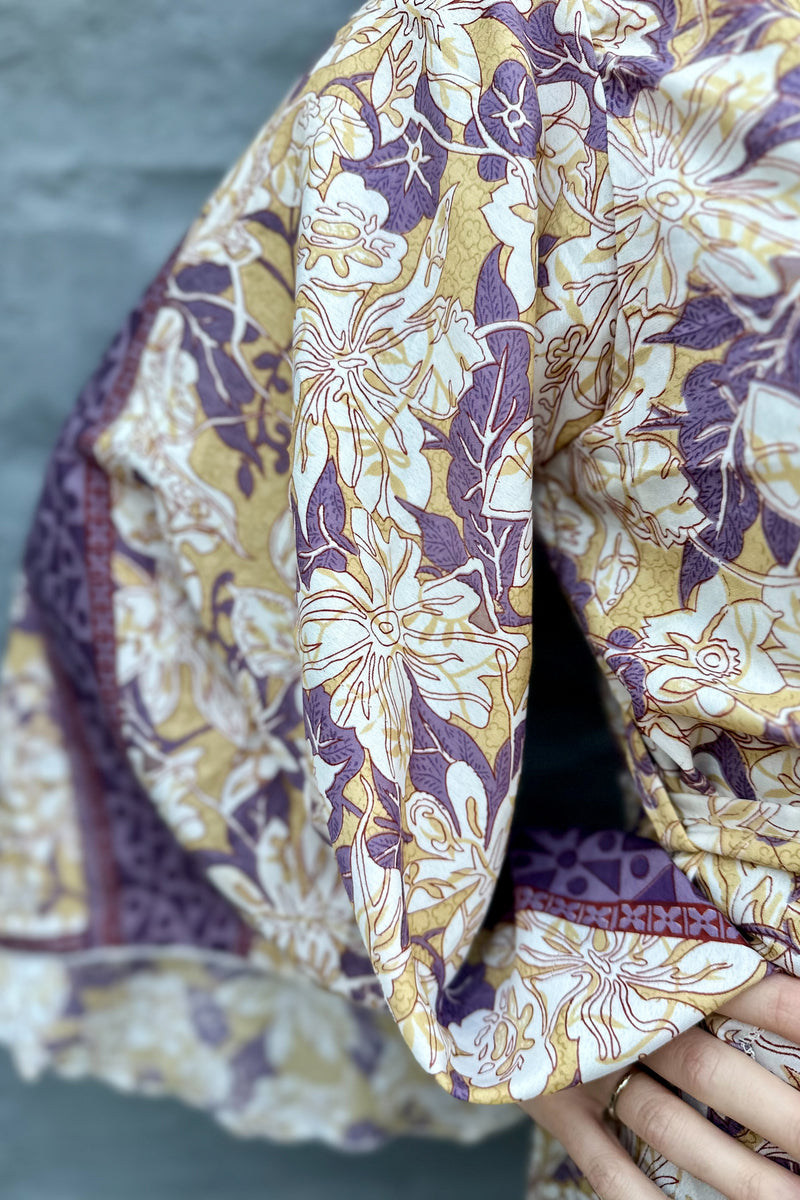 Upcycled Silk Sari Kimono In Gold & Grey Floral