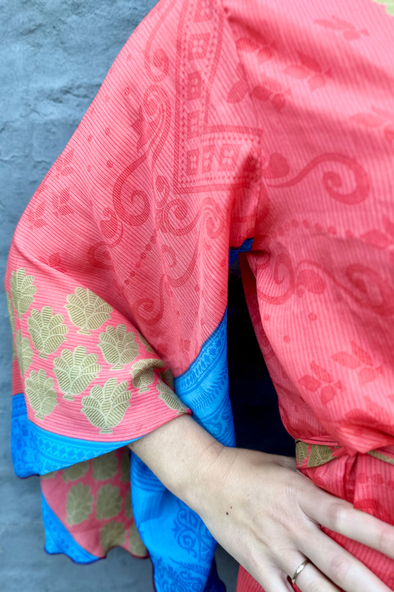 Upcycled Silk Sari Kimono In Salmon Bliss