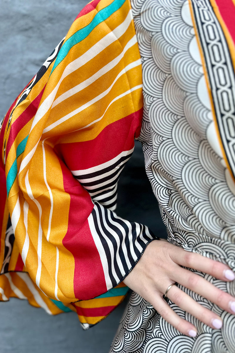 Upcycled Silk Sari Kimono In Retro Scallops