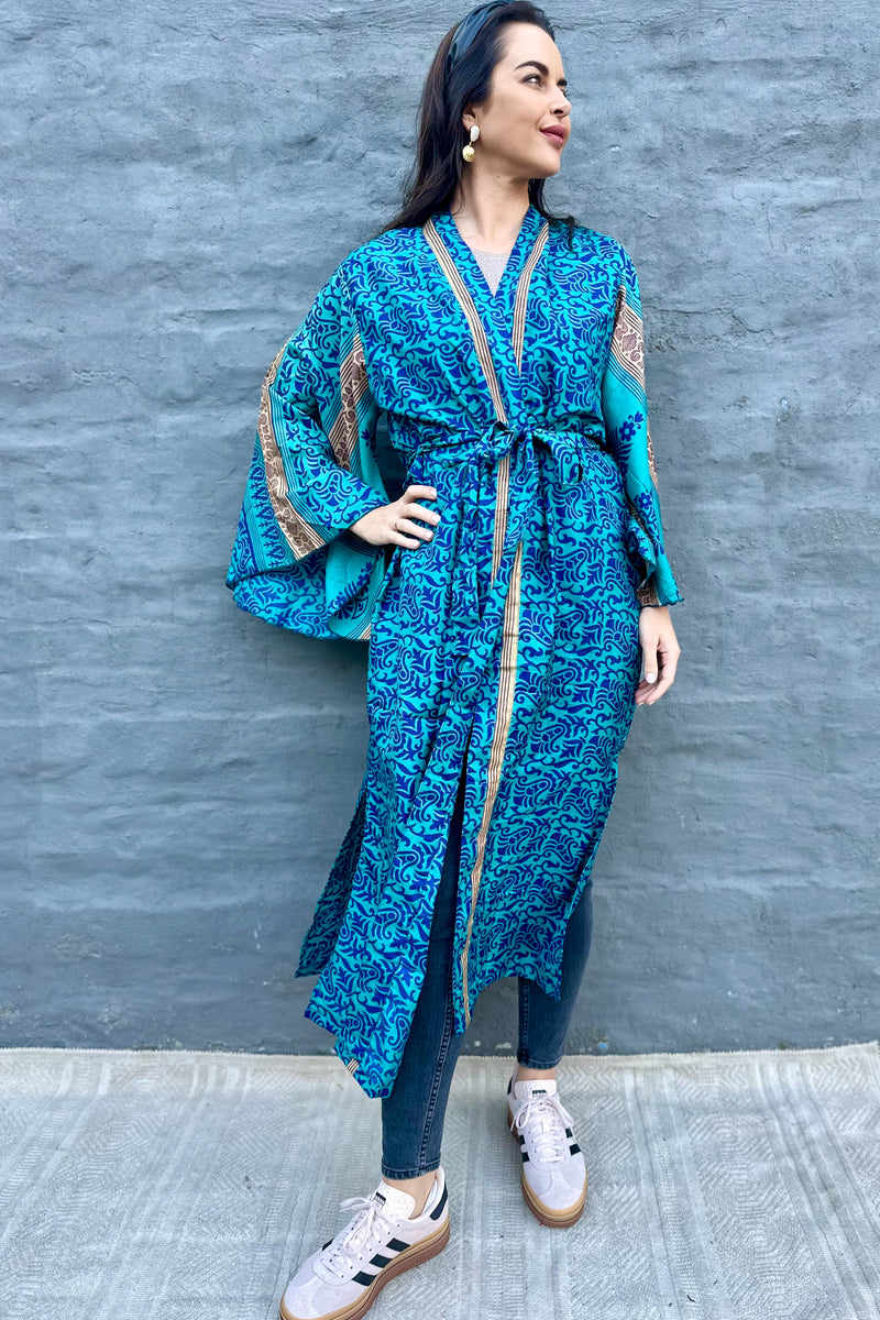 Upcycled Silk Sari Kimono In Blue Baroque