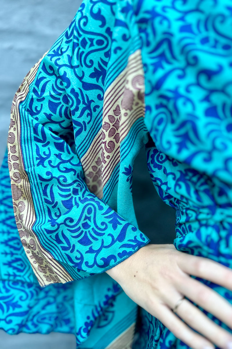 Upcycled Silk Sari Kimono In Blue Baroque