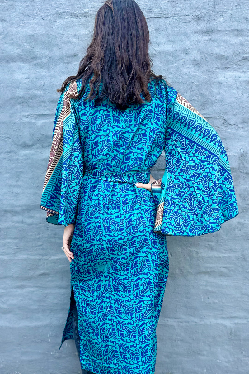 Upcycled Silk Sari Kimono In Blue Baroque