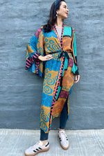 Upcycled Silk Sari Kimono In Orange & Turquoise Stripe