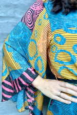 Upcycled Silk Sari Kimono In Orange & Turquoise Stripe